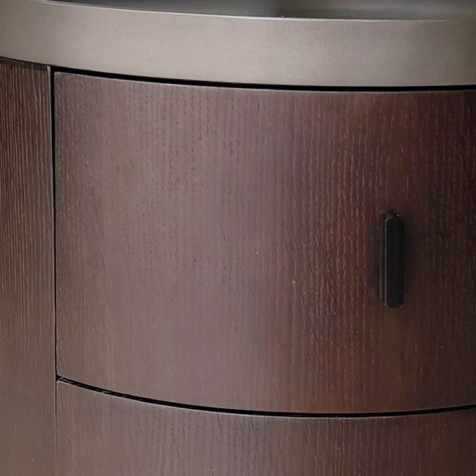 Modern Minimalist Ash Wood Metal Stainless Steel Round Nightstand 2-Drawer For Bedroom