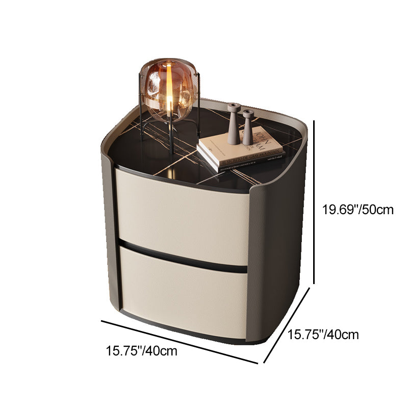 Modern Minimalist Sintered Stone Faux Leather Solid Wood Rounded Square Nightstand 2-Drawer For Bedroom