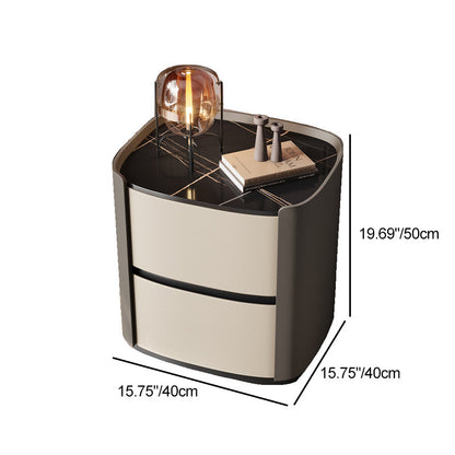 Modern Minimalist Sintered Stone Faux Leather Solid Wood Rounded Square Nightstand 2-Drawer For Bedroom