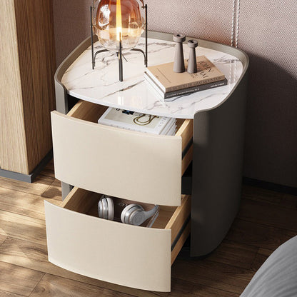 Modern Minimalist Sintered Stone Faux Leather Solid Wood Rounded Square Nightstand 2-Drawer For Bedroom