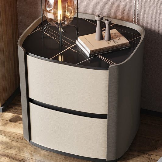 Modern Minimalist Sintered Stone Faux Leather Solid Wood Rounded Square Nightstand 2-Drawer For Bedroom