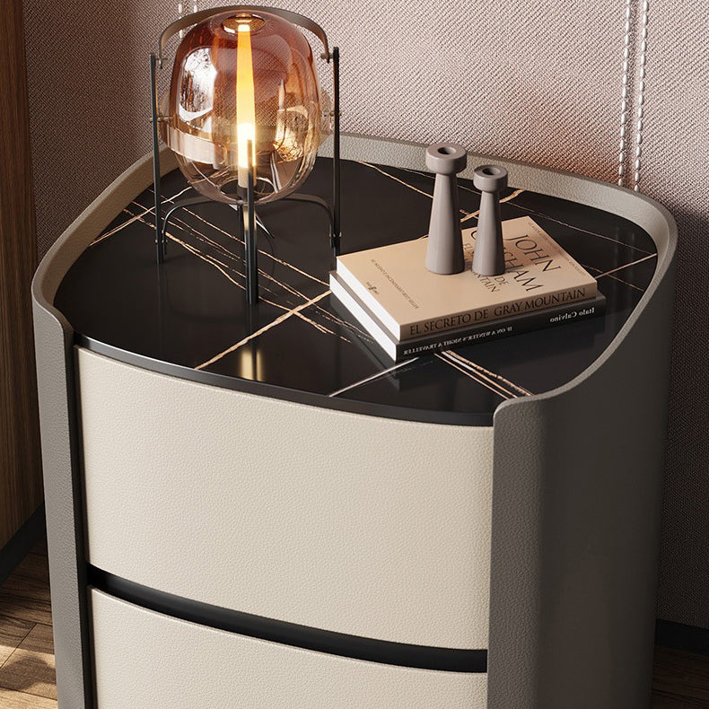 Modern Minimalist Sintered Stone Faux Leather Solid Wood Rounded Square Nightstand 2-Drawer For Bedroom