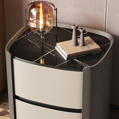 Modern Minimalist Sintered Stone Faux Leather Solid Wood Rounded Square Nightstand 2-Drawer For Bedroom