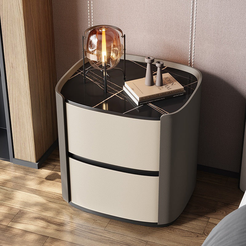 Modern Minimalist Sintered Stone Faux Leather Solid Wood Rounded Square Nightstand 2-Drawer For Bedroom