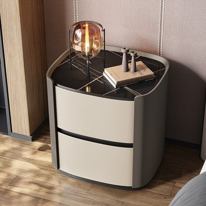 Modern Minimalist Sintered Stone Faux Leather Solid Wood Rounded Square Nightstand 2-Drawer For Bedroom