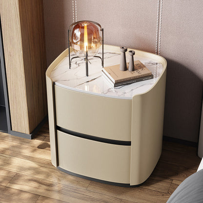 Modern Minimalist Sintered Stone Faux Leather Solid Wood Rounded Square Nightstand 2-Drawer For Bedroom