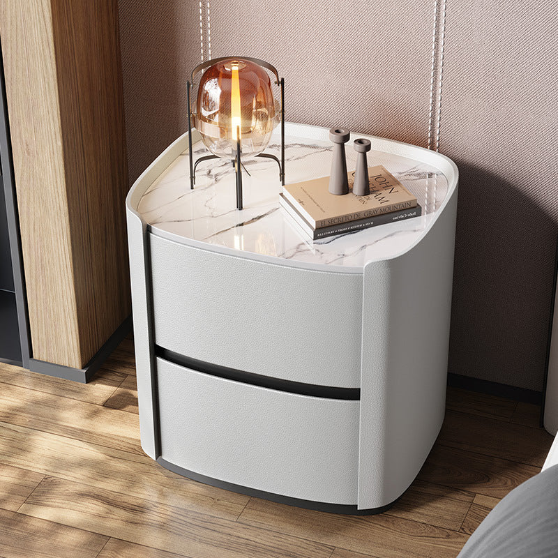 Modern Minimalist Sintered Stone Faux Leather Solid Wood Rounded Square Nightstand 2-Drawer For Bedroom