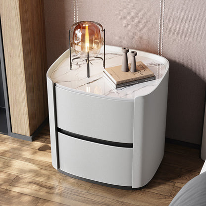 Modern Minimalist Sintered Stone Faux Leather Solid Wood Rounded Square Nightstand 2-Drawer For Bedroom