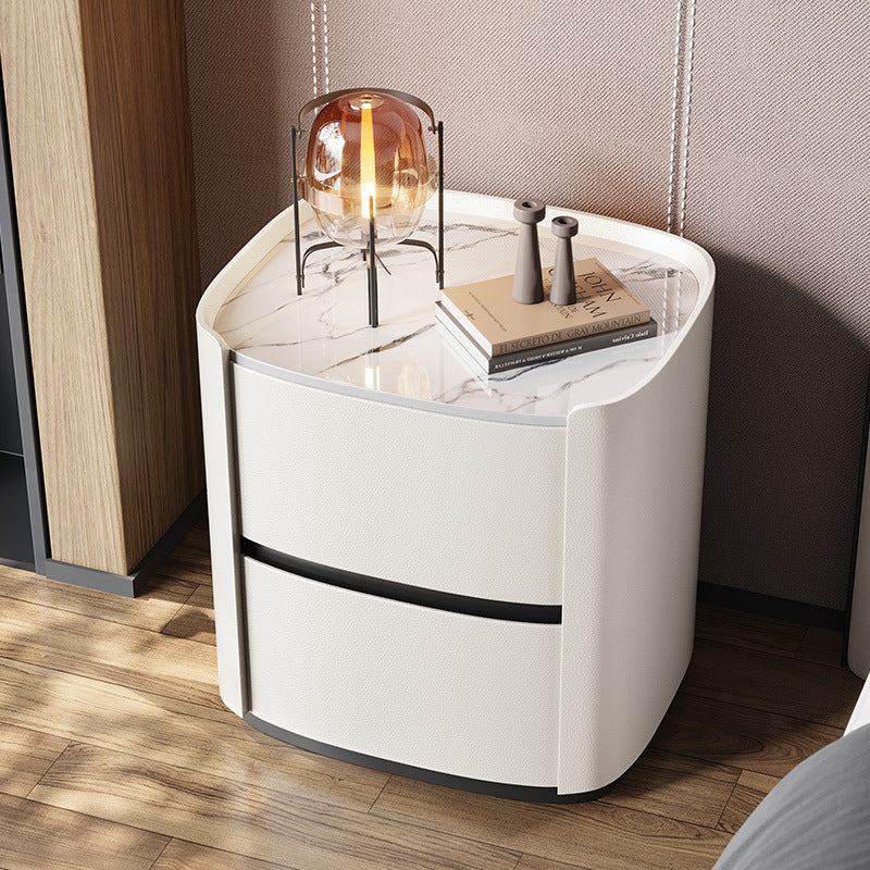 Modern Minimalist Sintered Stone Faux Leather Solid Wood Rounded Square Nightstand 2-Drawer For Bedroom