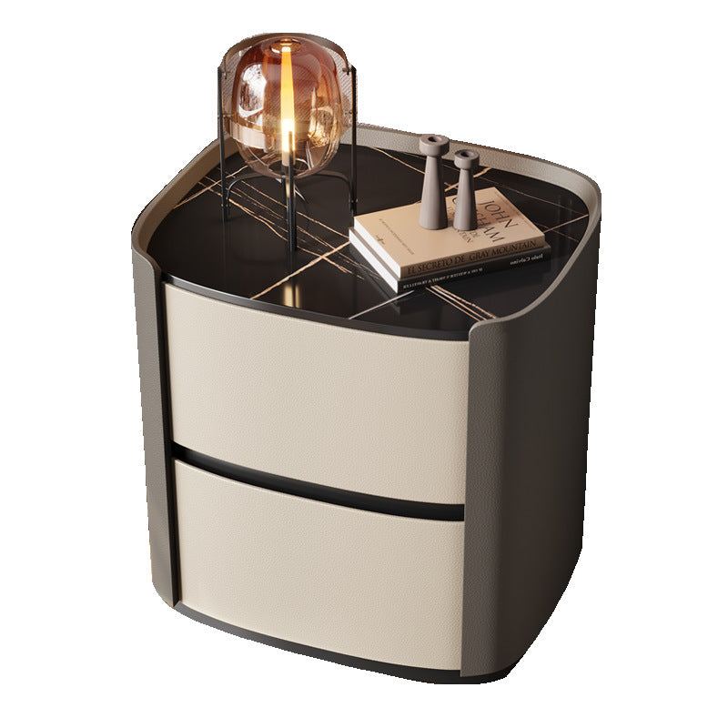 Modern Minimalist Sintered Stone Faux Leather Solid Wood Rounded Square Nightstand 2-Drawer For Bedroom
