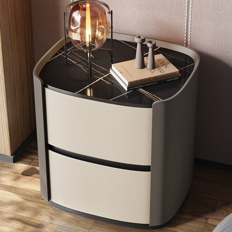 Modern Minimalist Sintered Stone Faux Leather Solid Wood Rounded Square Nightstand 2-Drawer For Bedroom