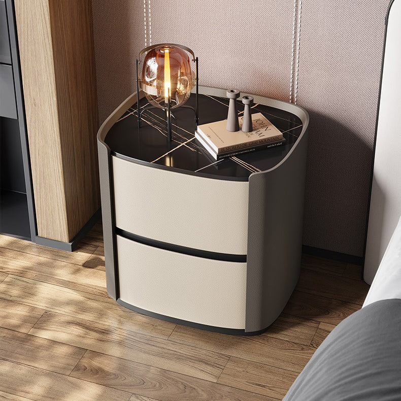 Modern Minimalist Sintered Stone Faux Leather Solid Wood Rounded Square Nightstand 2-Drawer For Bedroom