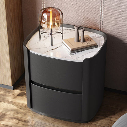 Modern Minimalist Sintered Stone Faux Leather Solid Wood Rounded Square Nightstand 2-Drawer For Bedroom