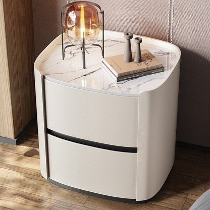 Modern Minimalist Sintered Stone Faux Leather Solid Wood Rounded Square Nightstand 2-Drawer For Bedroom