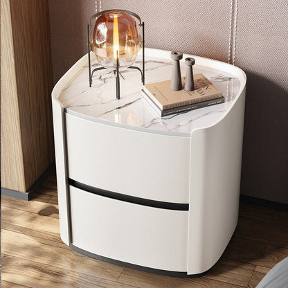 Modern Minimalist Sintered Stone Faux Leather Solid Wood Rounded Square Nightstand 2-Drawer For Bedroom