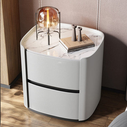 Modern Minimalist Sintered Stone Faux Leather Solid Wood Rounded Square Nightstand 2-Drawer For Bedroom