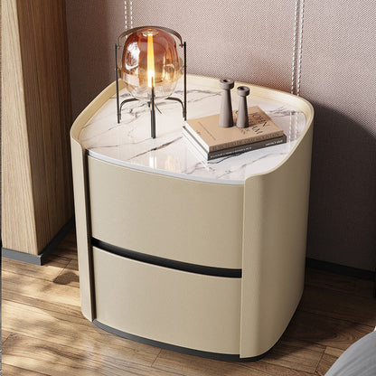Modern Minimalist Sintered Stone Faux Leather Solid Wood Rounded Square Nightstand 2-Drawer For Bedroom