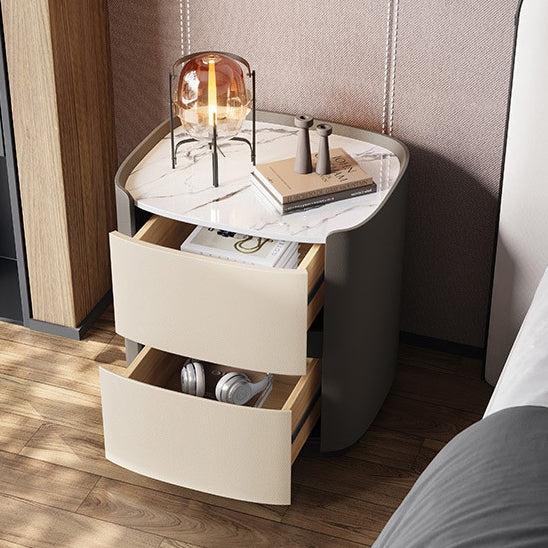 Modern Minimalist Sintered Stone Faux Leather Solid Wood Rounded Square Nightstand 2-Drawer For Bedroom