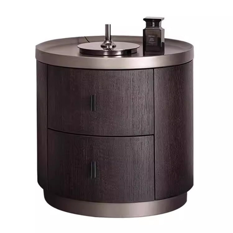 Modern Minimalist Solid Wood Metal Round Cylindrical Nightstand With 2 Drawers For Bedroom