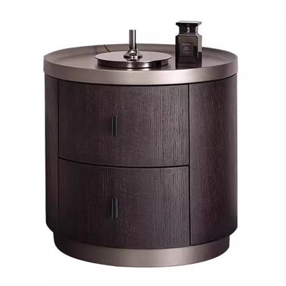Modern Minimalist Solid Wood Metal Round Cylindrical Nightstand With 2 Drawers For Bedroom