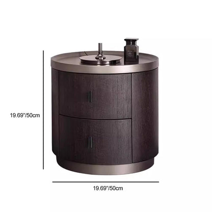 Modern Minimalist Solid Wood Metal Round Cylindrical Nightstand With 2 Drawers For Bedroom