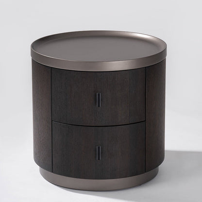 Modern Minimalist Solid Wood Metal Round Cylindrical Nightstand With 2 Drawers For Bedroom