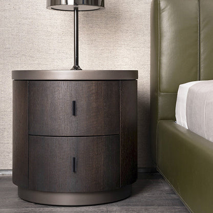 Modern Minimalist Solid Wood Metal Round Cylindrical Nightstand With 2 Drawers For Bedroom