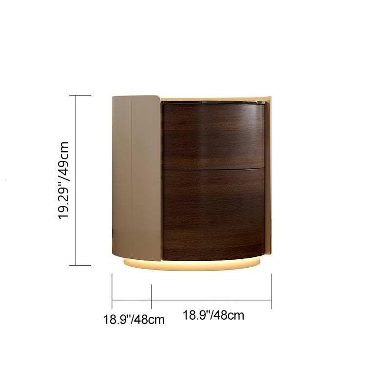 Modern Minimalist Tempered Glass Solid Wood Cylindrical Round Nightstand 2-Drawer For Bedroom
