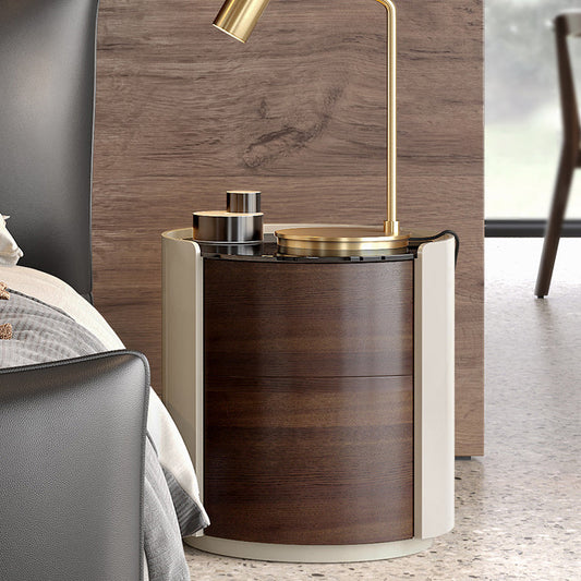 Modern Minimalist Tempered Glass Solid Wood Cylindrical Round Nightstand 2-Drawer For Bedroom