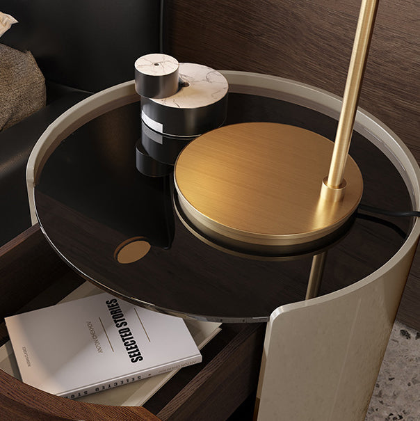 Modern Minimalist Tempered Glass Solid Wood Cylindrical Round Nightstand 2-Drawer For Bedroom