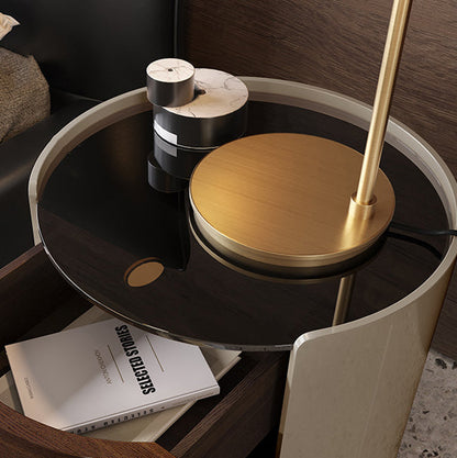 Modern Minimalist Tempered Glass Solid Wood Cylindrical Round Nightstand 2-Drawer For Bedroom
