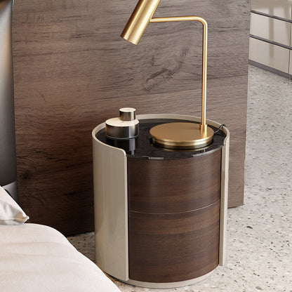 Modern Minimalist Tempered Glass Solid Wood Cylindrical Round Nightstand 2-Drawer For Bedroom
