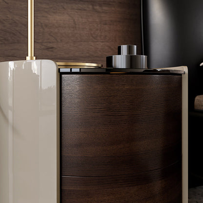 Modern Minimalist Tempered Glass Solid Wood Cylindrical Round Nightstand 2-Drawer For Bedroom