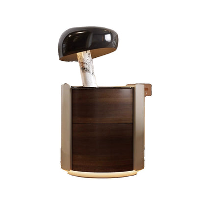 Modern Minimalist Tempered Glass Solid Wood Cylindrical Round Nightstand 2-Drawer For Bedroom