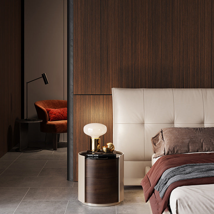 Modern Minimalist Tempered Glass Solid Wood Cylindrical Round Nightstand 2-Drawer For Bedroom