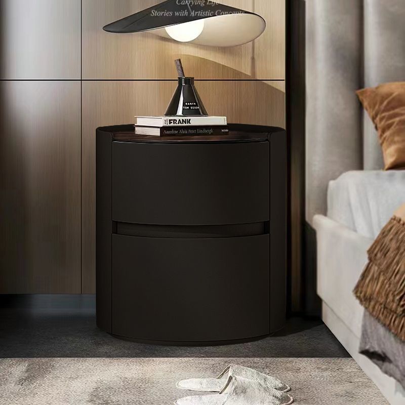 Modern Minimalist Sintered Stone Faux Leather Solid Wood Round Nightstand 2-Drawer For Bedroom