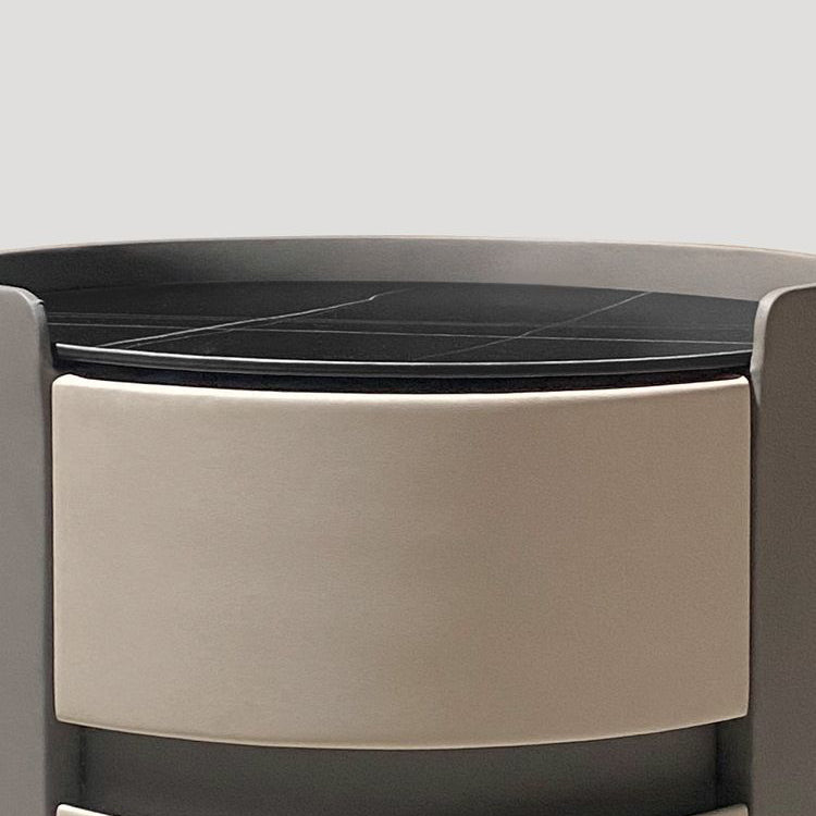 Modern Minimalist Sintered Stone Faux Leather Solid Wood Round Nightstand 2-Drawer For Bedroom