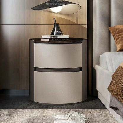 Modern Minimalist Sintered Stone Faux Leather Solid Wood Round Nightstand 2-Drawer For Bedroom