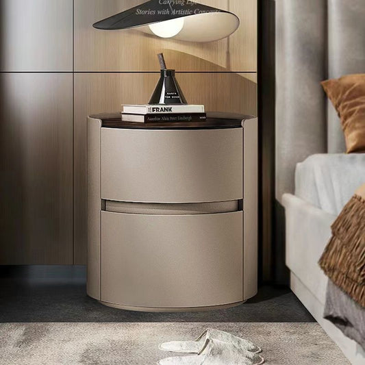 Modern Minimalist Sintered Stone Faux Leather Solid Wood Round Nightstand 2-Drawer For Bedroom
