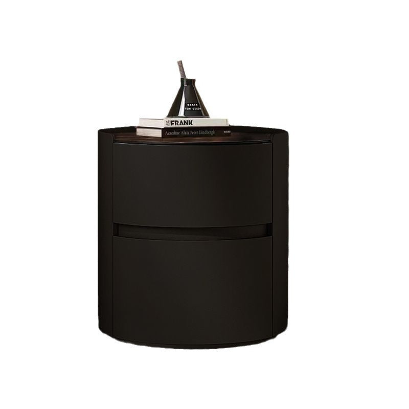 Modern Minimalist Sintered Stone Faux Leather Solid Wood Round Nightstand 2-Drawer For Bedroom