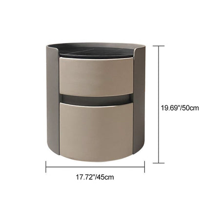 Modern Minimalist Sintered Stone Faux Leather Solid Wood Round Nightstand 2-Drawer For Bedroom