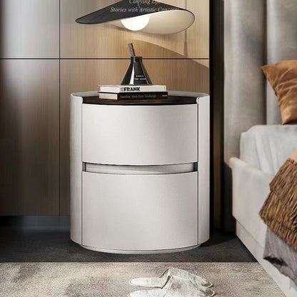 Modern Minimalist Sintered Stone Faux Leather Solid Wood Round Nightstand 2-Drawer For Bedroom