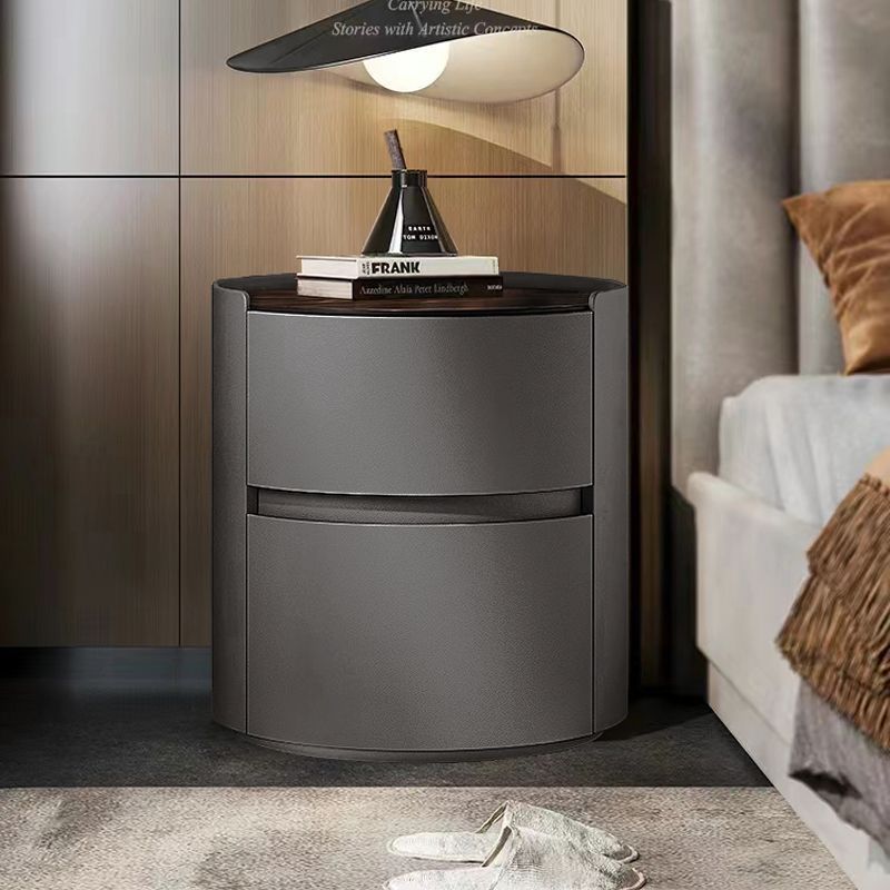 Modern Minimalist Sintered Stone Faux Leather Solid Wood Round Nightstand 2-Drawer For Bedroom