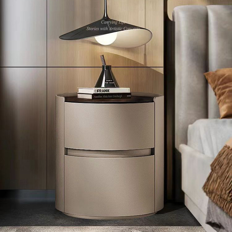 Modern Minimalist Sintered Stone Faux Leather Solid Wood Round Nightstand 2-Drawer For Bedroom