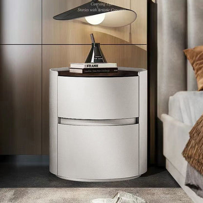 Modern Minimalist Sintered Stone Faux Leather Solid Wood Round Nightstand 2-Drawer For Bedroom