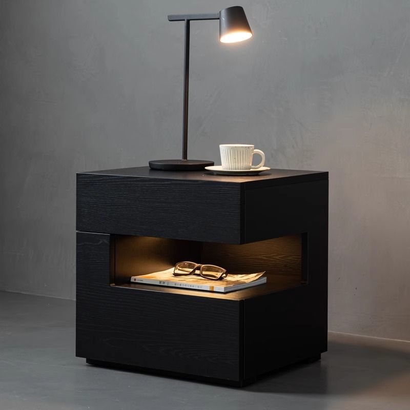 Contemporary Creative Solid Wood Geometric Nightstand With 2 Drawers For Bedroom