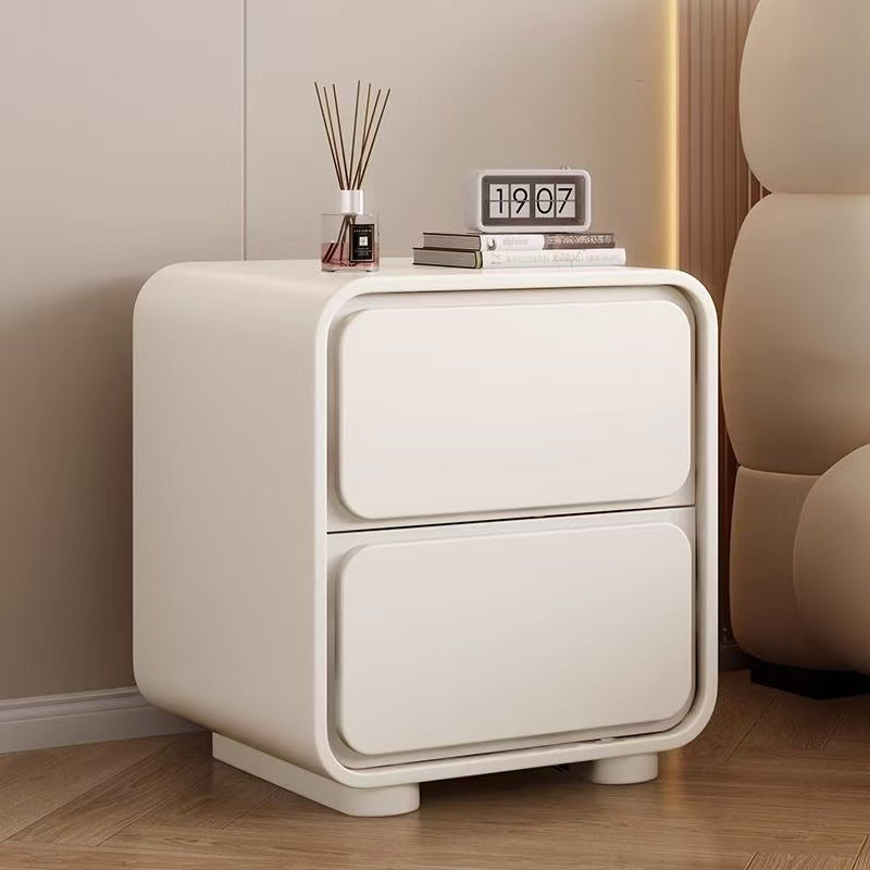 Modern Minimalist Pine Faux Leather Rounded Rectangle Nightstand 2-Drawer For Bedroom