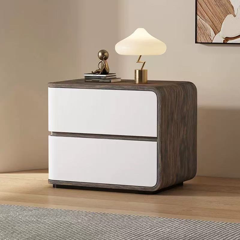 Contemporary Creative Solid Wood Faux Leather Curved Square Nightstand 2-Drawer For Bedroom