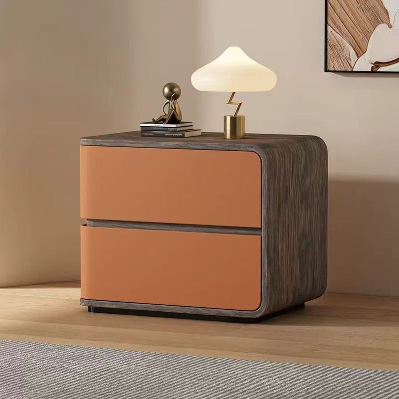 Contemporary Creative Solid Wood Faux Leather Curved Square Nightstand 2-Drawer For Bedroom