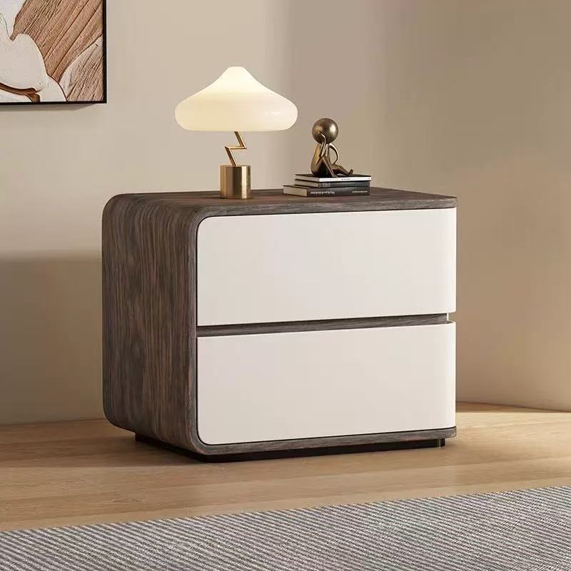 Contemporary Creative Solid Wood Faux Leather Curved Square Nightstand 2-Drawer For Bedroom